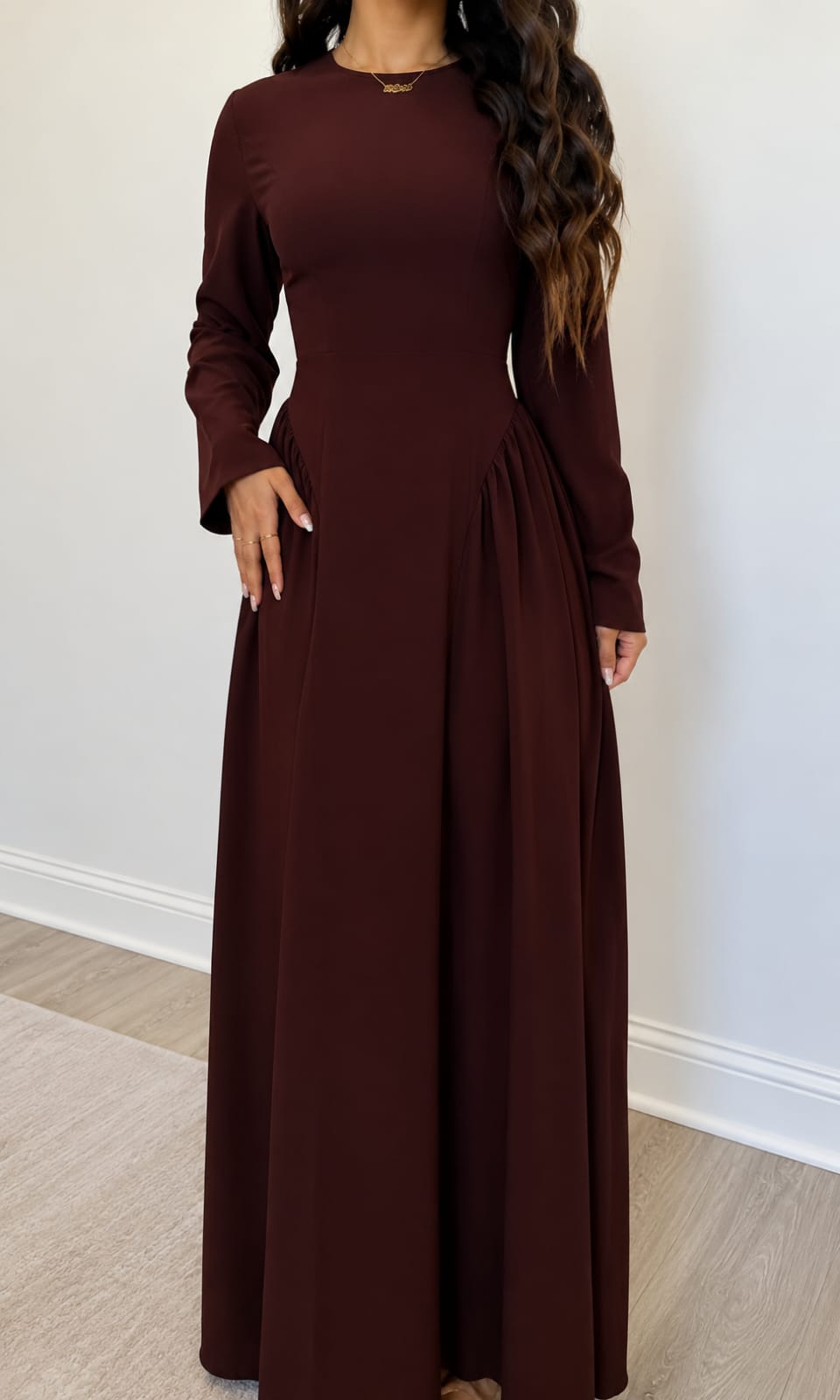 Robe Maxi Modest — Coupe Sculptée & Manches Longues