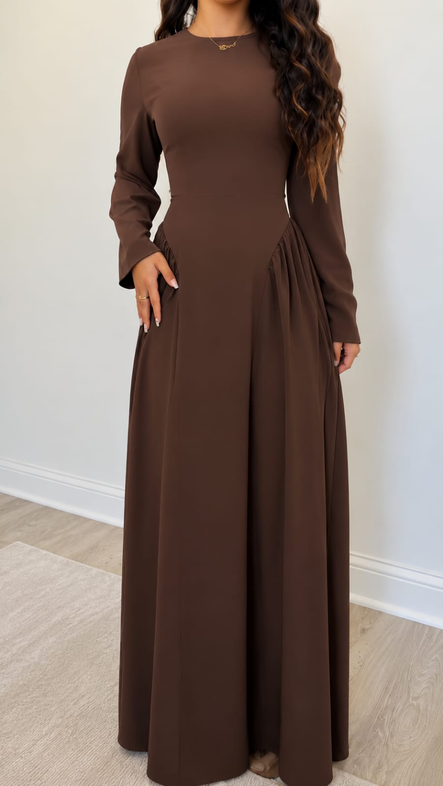Robe Maxi Modest — Coupe Sculptée & Manches Longues